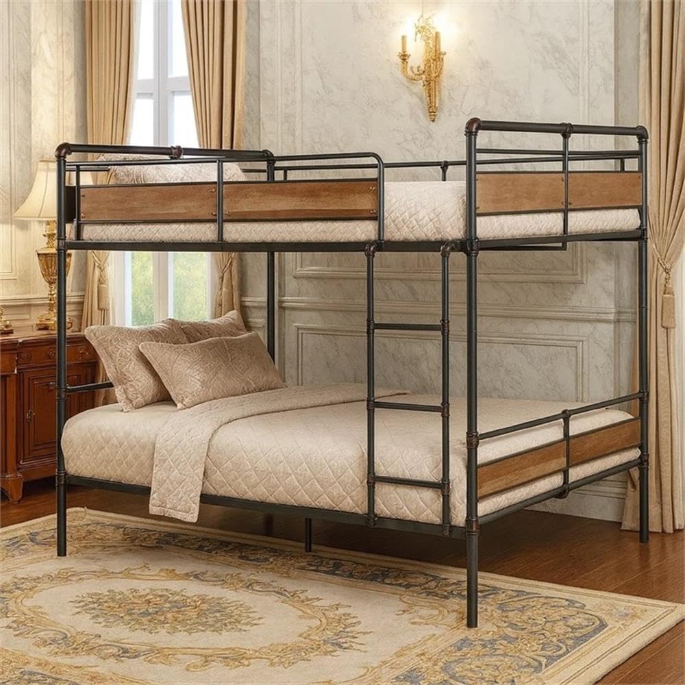 Pemberly Row Queen Over Queen Metal Bunk Bed, Black and Brown Finish, Slatted Wooden Rails, Built-in Ladder, Round Tube Construction, Spacious Space-Saving Design, 82.63 x 64.63 x 68.13 Inches, Youth