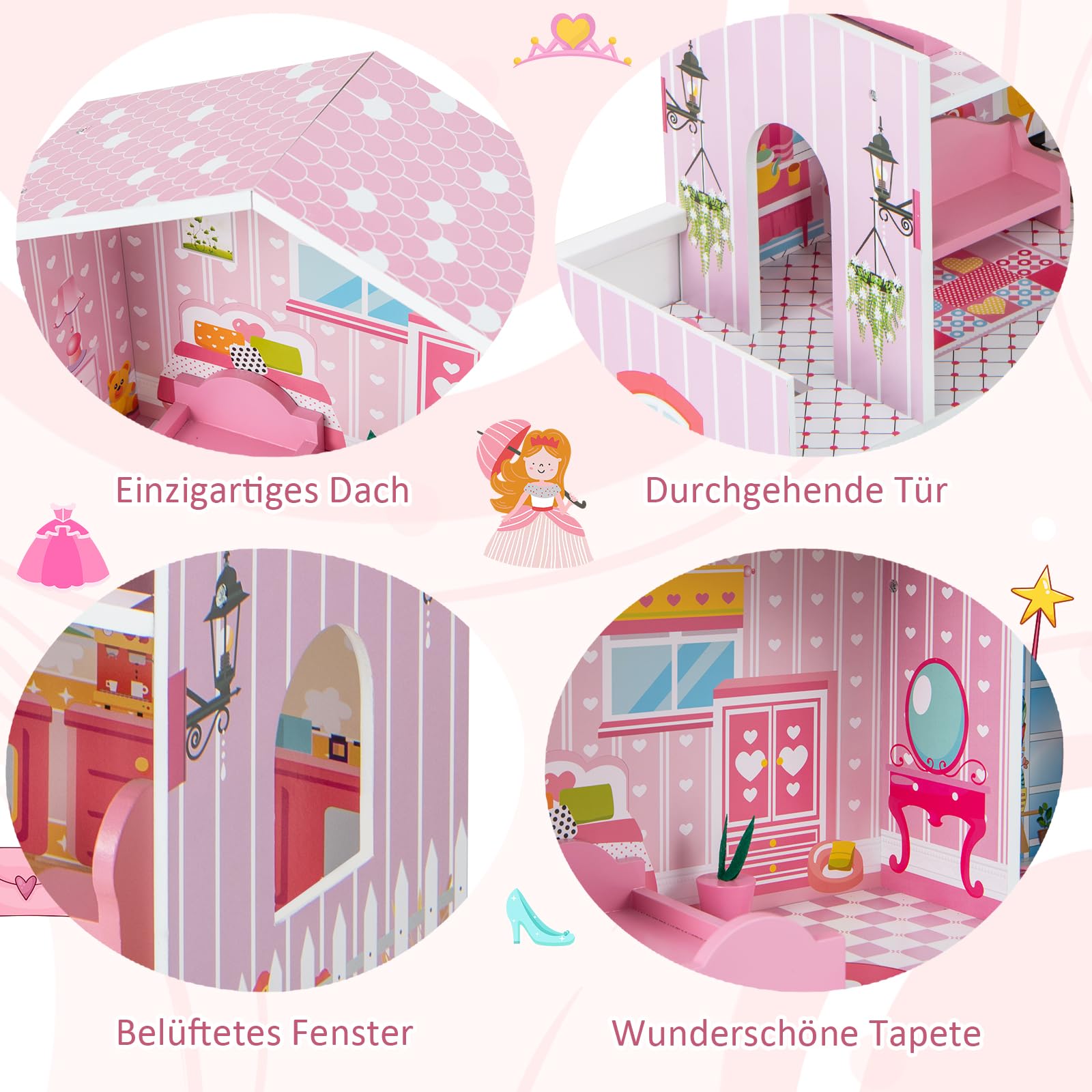 DREAMADE Puppenhaus Holz, 3-stöckiges & Großes Dollhouse mit 5 Zimmern & Möbeln, Zubehör & 2 Treppen & niedlichen Tapeten, Puppenvilla Puppenstube Holzspielzeug rosa Spielzeug für Kinder ab 3 Jahren