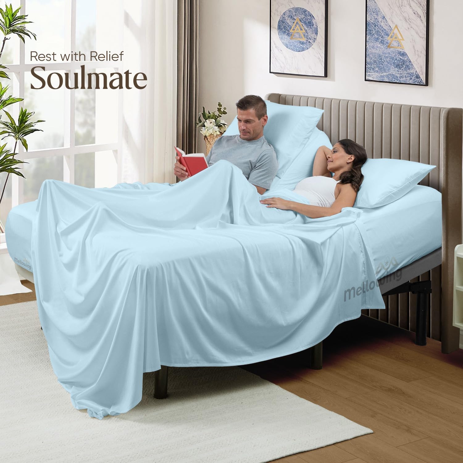 Mellowing 800 TC Split Head Flex King Sheet Sets for Adjustable Beds-Split Top King Sheets for - 100% Egyptian Cotton 4 Pc Sheet Set (18" Deep, Half Split Fitted King 30"- Light Blue)