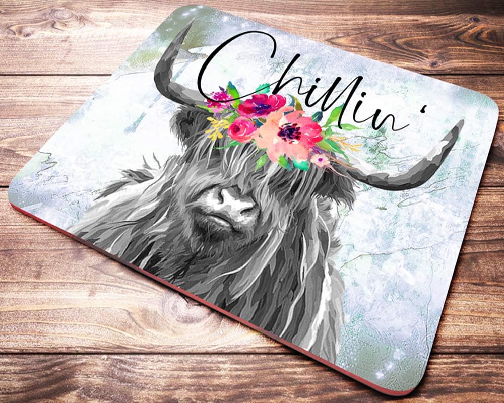 Highland Cow Chillin' Funny Mouse Pad Farm Animal Pink Watercolor Floral Mousepad Farmer Gifts Womens Desk Accessories