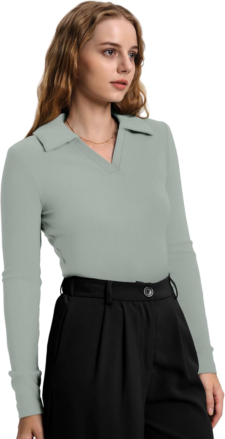 WIHOLL Womens Polo Shirts Long Sleeve Business Casual Tops Collared V Neck Ribbed Knit Sweater Slim Fit Blouses