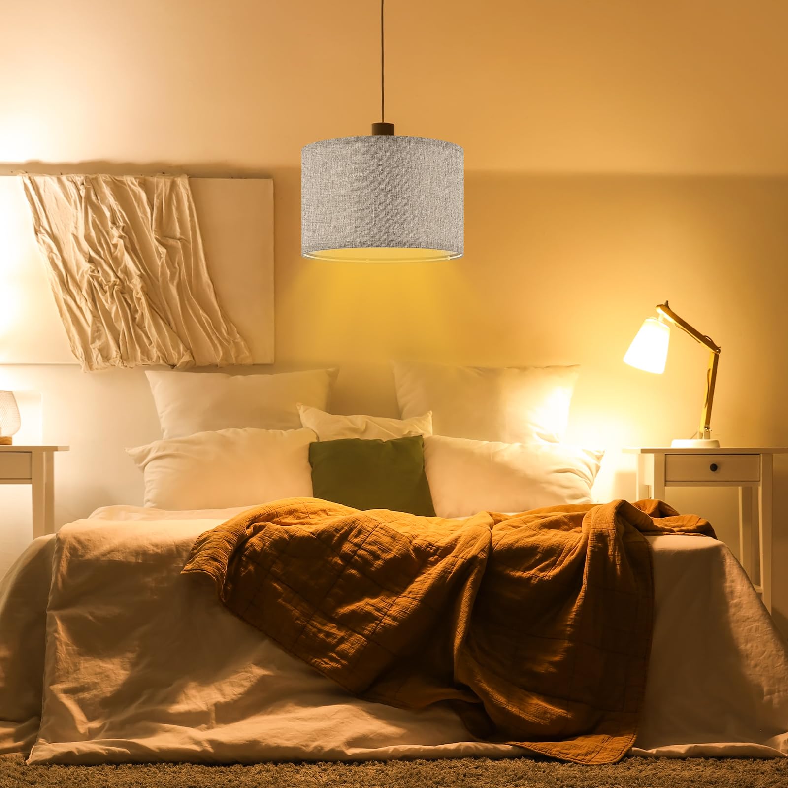 Weewooday 2 Pcs Fabric Lampshade for Ceiling Lights Pendant Modern Drum Lamp Shades for Table Floor Bedroom with E27 to E14 Adapter Ring (Grey,10 Inch) - Image 4