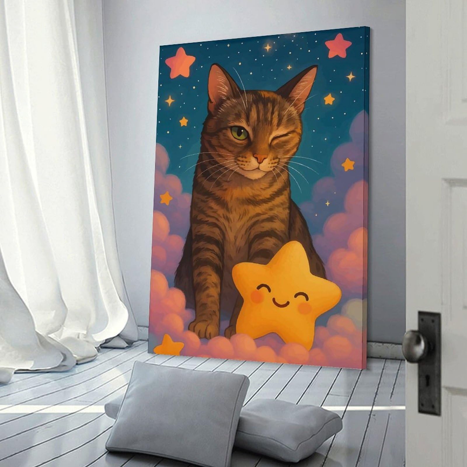 Junmoney Frame-Style-8 Decorative Wall Artwork Winking Cat With Starry Night, 12X18inch(30X45cm), For New Homes, Bedrooms Or Workspaces, Canvas Artwork With Gifting Potential