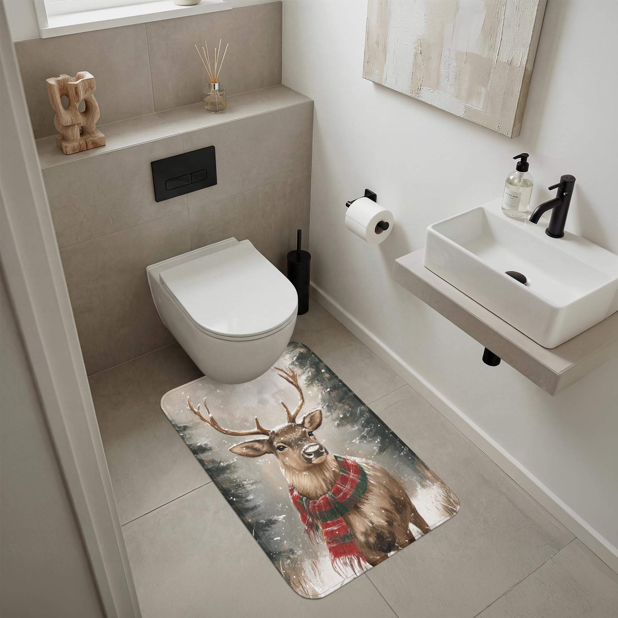 Alfombra De Baño Rectangular 60x90 cm Bathroom Bath Mat Lavable Tapete Antideslizante Alfombras Ducha Decoracion Alfombrilla Invierno - Bosque - Reno - Oscuridad