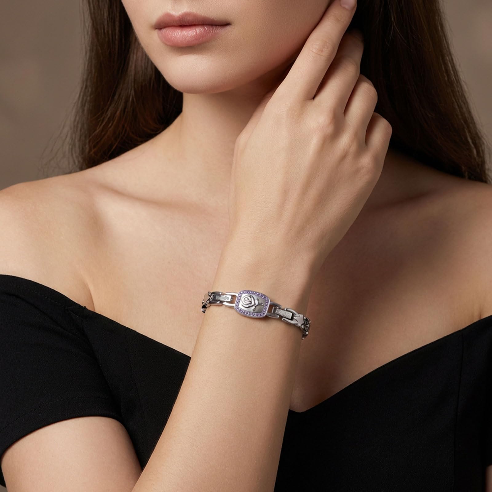 RainSo Bracelet magnétique pour femme - Rose amovible - Bracelet 2 en 1 en acier inoxydable avec double possibilité de port - Taille réglable - Avec outil de réglage et boîte cadeau (violet)