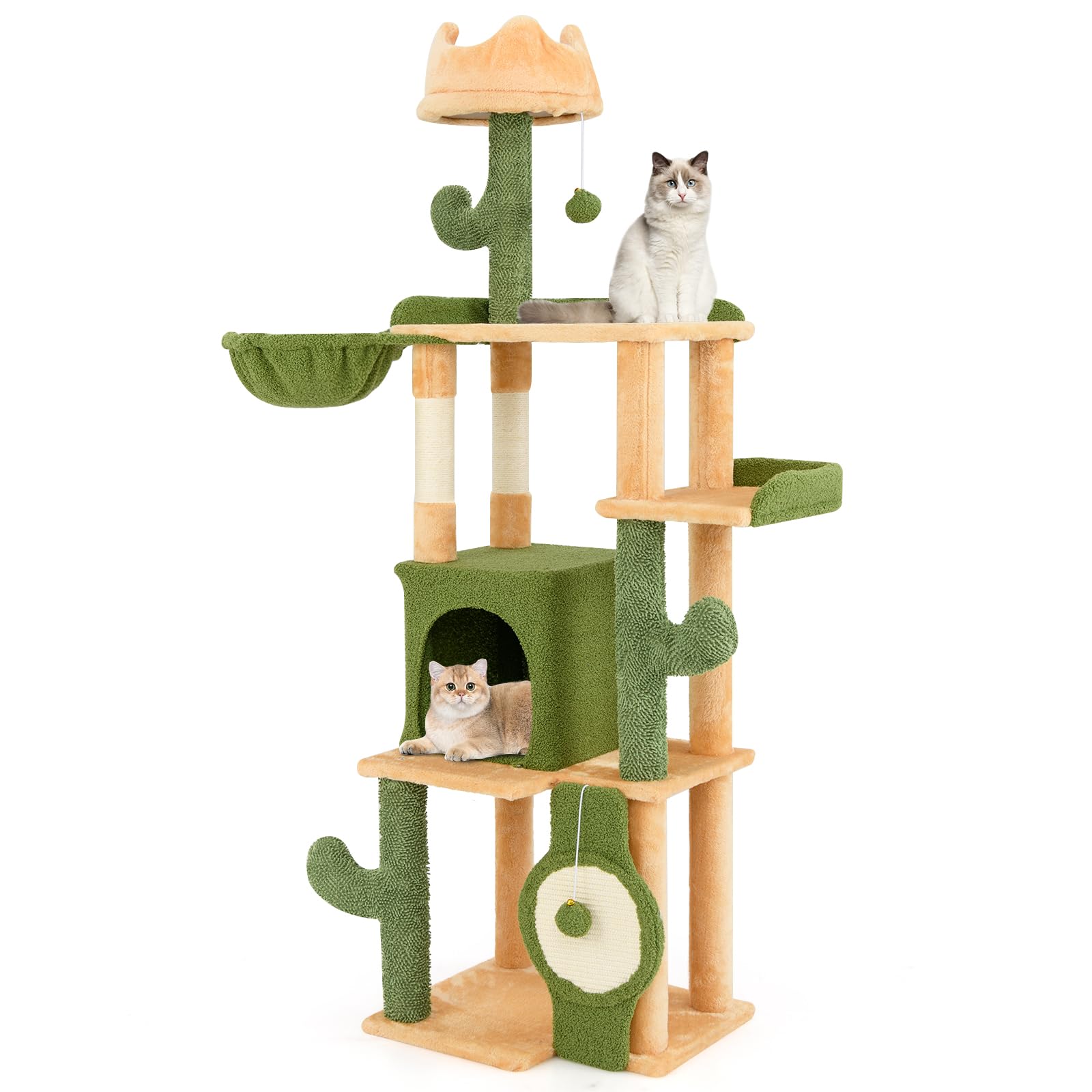 Tangkula Cactus Cat Tree, 63 Inch Multi-Level Tall Cat Tower with Sisal Scratching Posts & Board, Condo, Padded Perch, Hanging Toys, Basket Bed, Platforms, Green Cute Cat Tree for Indoor Cats