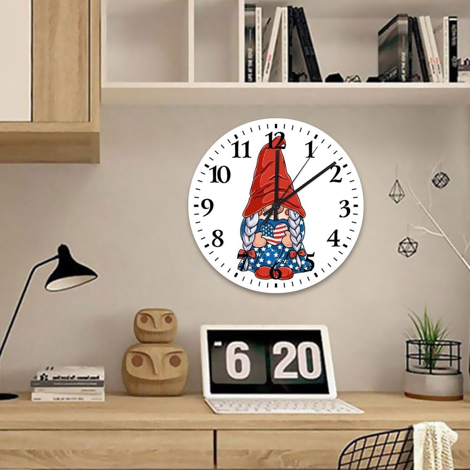 15 Inch Silent Non-Ticking Wall Clocks Battery Operated 4th of July Gnomes with Heart Decorations Home Decor for Garage Veterans Day Retro Round Wooden Wall Clock Rustic for Exercise Room Nursery
