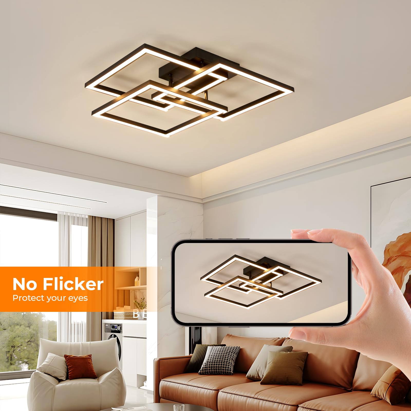 DELIPOP Plafon LED Techo, 40W Moderna Lampara LED de Techo para Salon Regulable con Mando a Distancia/APP 3000K-6500K, Negro Luz de Techo para Sala de Estar, Pasillo, Dormitorio, Comedor