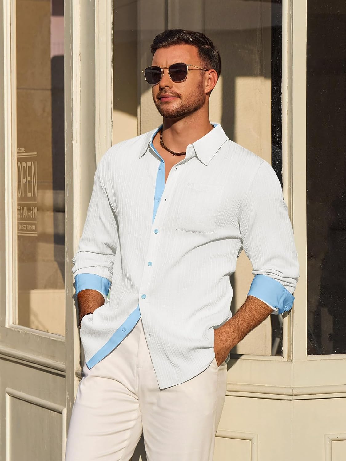 Yousify Mens Button Down Shirts Long Sleeve Casual Textured Dress Shirt Wrinkle-Free Beach Tops with Pocket - Image 2