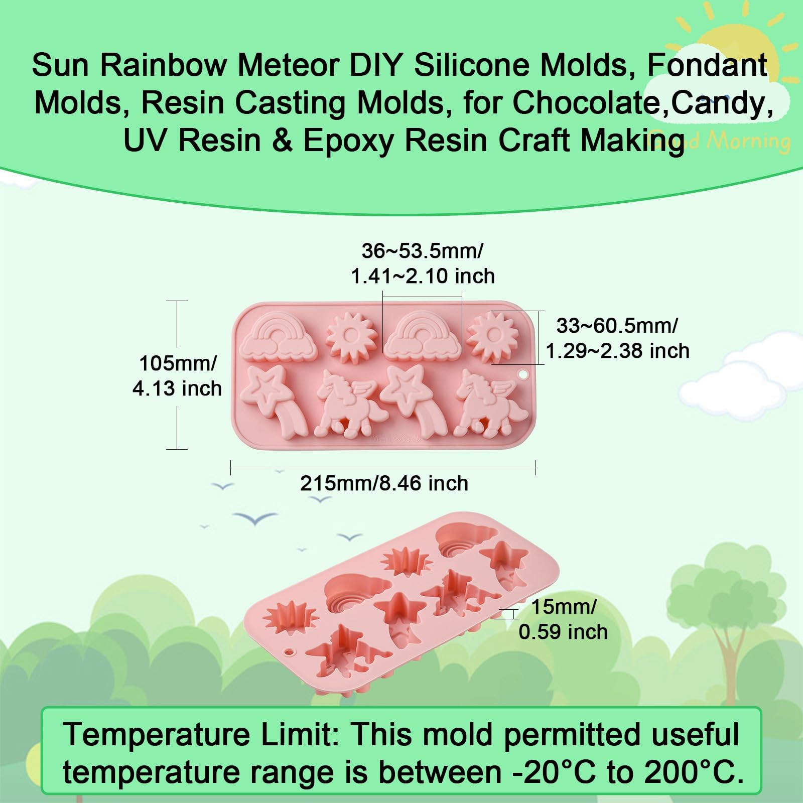 UR URLIFEHALL 2 moules en silicone en forme de licorne, soleil, météore, arc-en-ciel, pour chocolat, bonbons, cupcakes, savon, gelée, biscuits, glaçons - 3