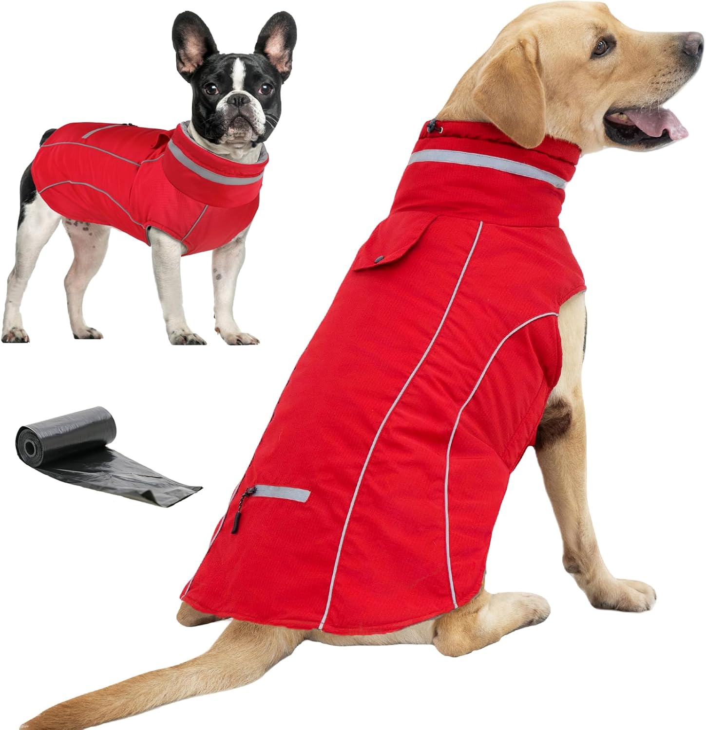 Doglay Waterproof Dog Coat, Reflective Dog Winter Jacket with Pocket & Turtleneck, Warm Puppy Snow Jacket for Small Medium Large Dogs - Red, 2XL