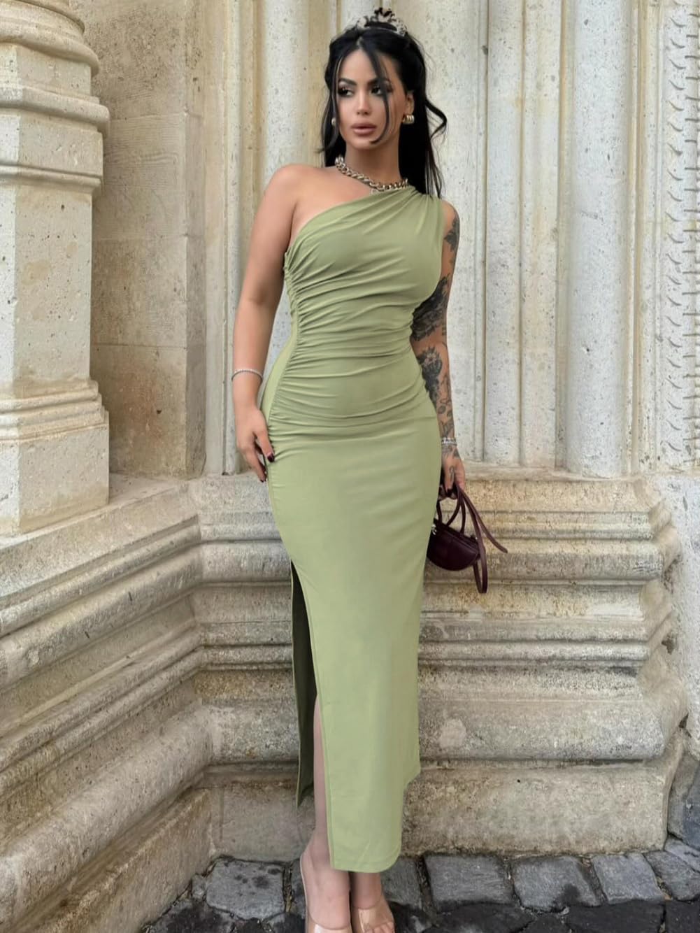 Robe Femme Sexy sans Manches Une Épaule Robes Longue Moulante Chic et Elégant Bodycon Maxi Robe Plissée de Soirée D'éte Couleur Unie Wrap Robes avec Fendue pour Clubbing Cocktail Prom Fête