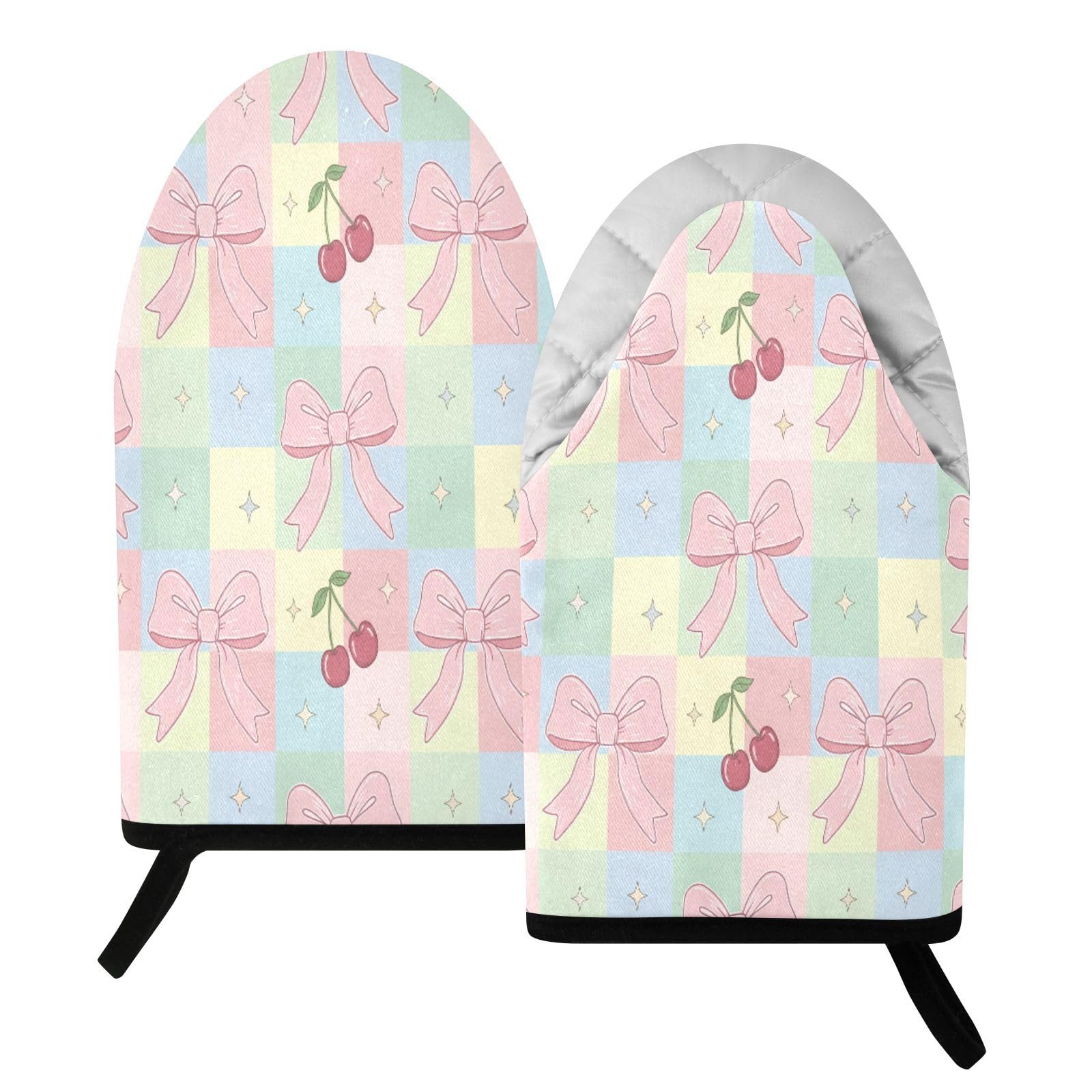 BURSTDDY Bows and Cherries Oven Mitt,Heat Resistant Kitchen Mitts for Cooking