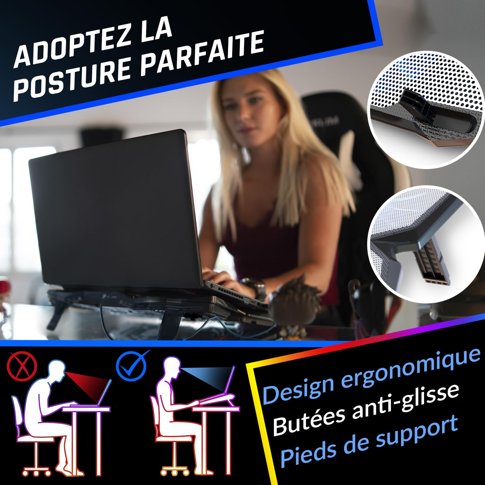 KLIM Wind - Refroidisseur Ordinateur Portable - Plus de 500 000 unités vendues - Nouveauté - Le Plus Puissant - 4 Ventilateurs Silencieux - Refroidisseur PC Portable PS5, PS4 - Blanc et Bleu