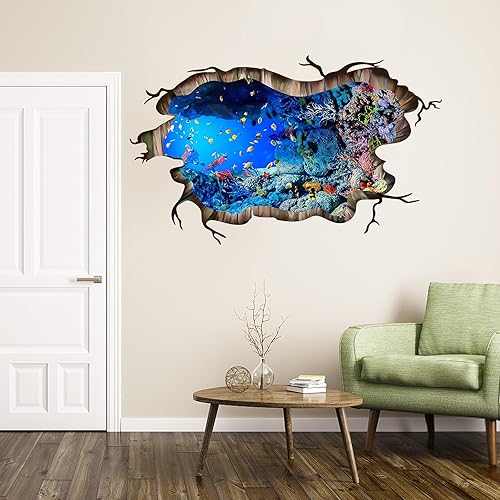 Miniatura 4 de Calcomanías de pared 3D bajo el mar, diseño de peces marinos, calcomanías de pared removibles para despegar y pegar, impermeable, para habitación de