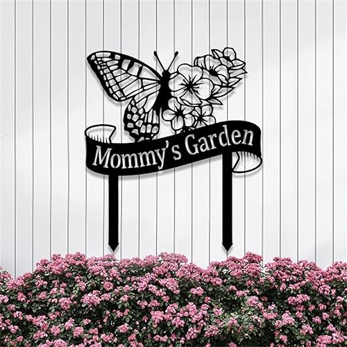 Letreros de jardín personalizados con flores y mariposas, arte de metal para patio, estaca de jardín, letrero de metal, decoración de césped,