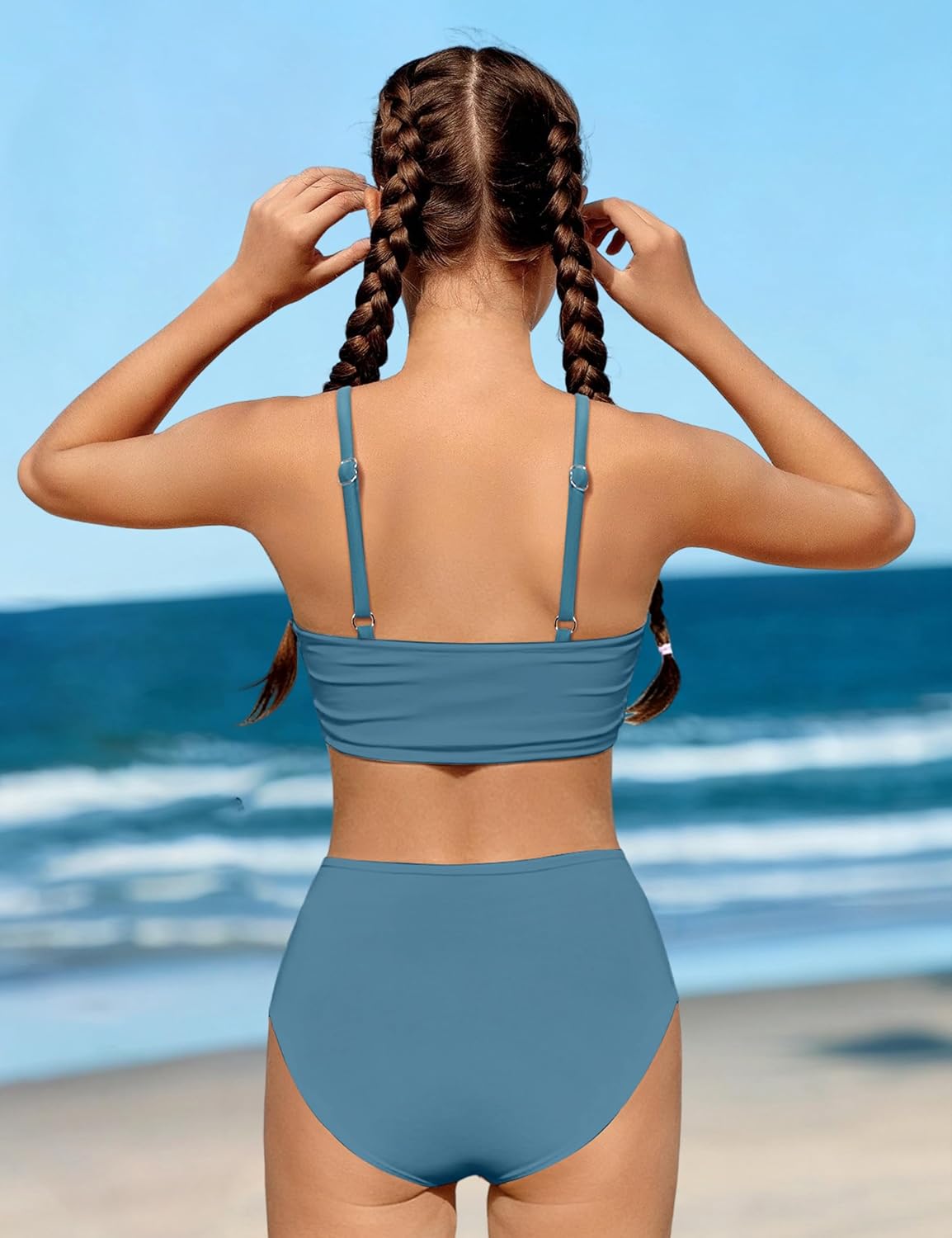 Girls Swimsuit Two Piece Bathing Suit Gingham Tankini Solid Color Bikini Set Drawstring Girls' Swimwear for 9-16 Years - Image 6