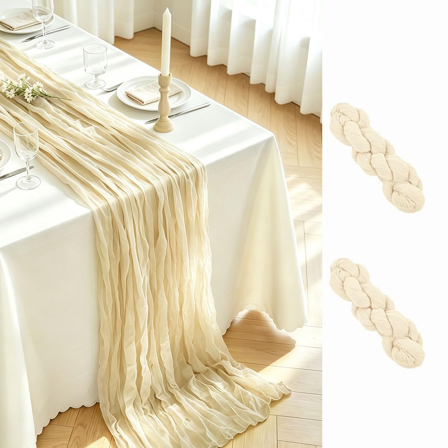 2 Packs Cheesecloth Table Runner 90×300cm Rustic Boho Table Runner Gauze Sheer Fabric Table Runners for Wedding Party Dinner Holiday Home (Beige, 2 Packs,90 x 300cm)