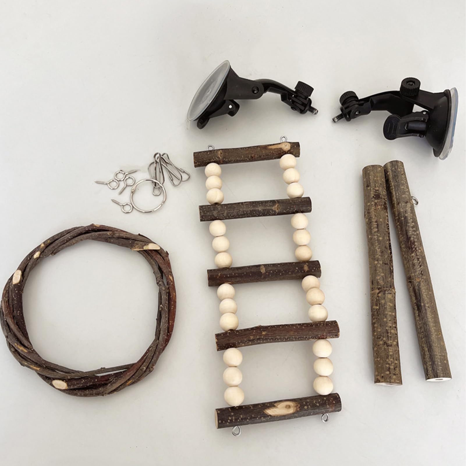 Perchoir à Oiseaux pour fenêtre – Support d'entraînement à Ventouse réglable en Bois avec balançoire et échelle | Support à Ventouse Oiseaux, pour l'exercice, l'escalade, Le Jeu interactif, Jouet