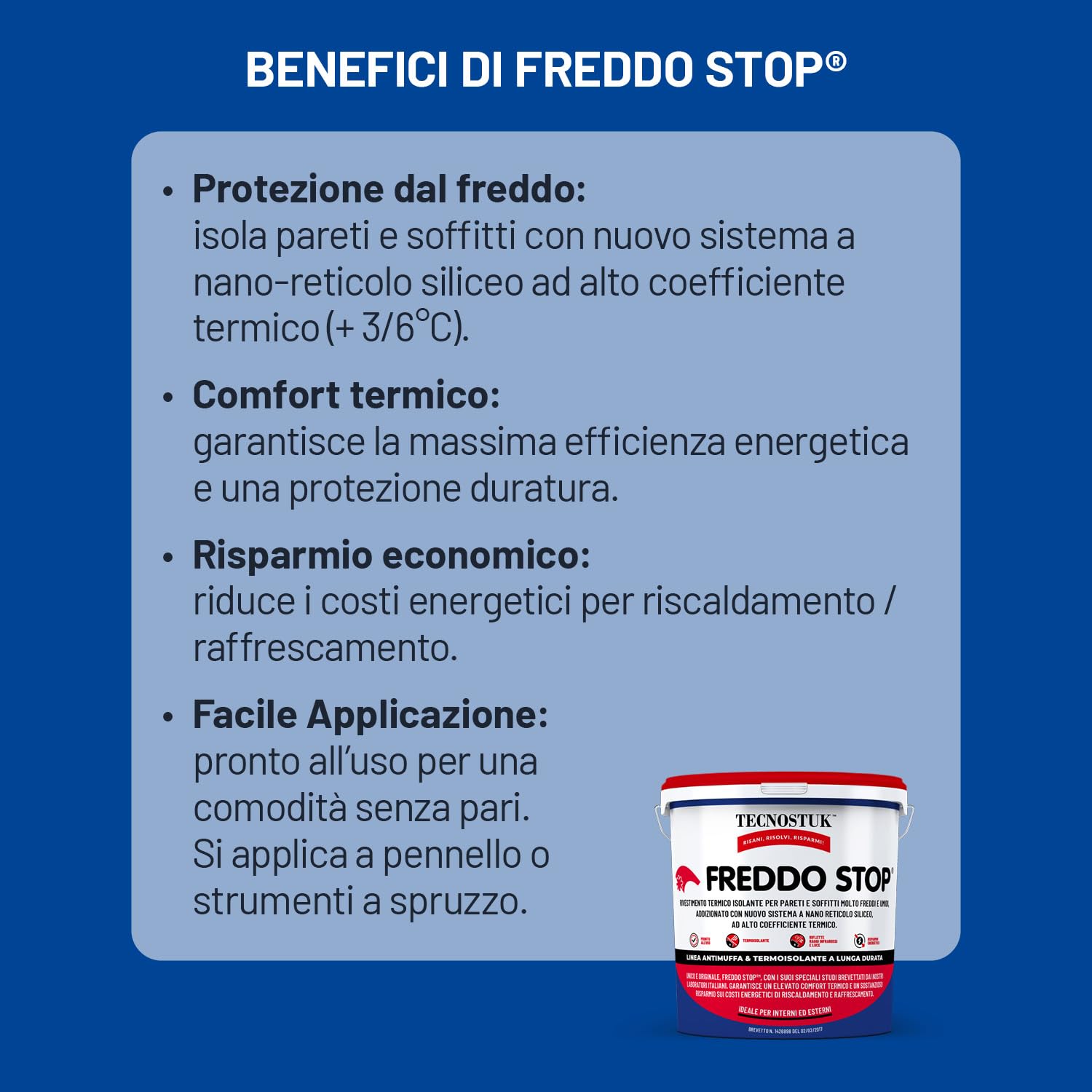 TECNOSTUK Freddo Stop 12 L. – Rivestimento Termico Isolante con Nano-Reticolo Siliceo – Barriera Contro il Freddo per Pareti e Soffitti – Pronto all’Uso, Classe A+, Brevetto Italiano