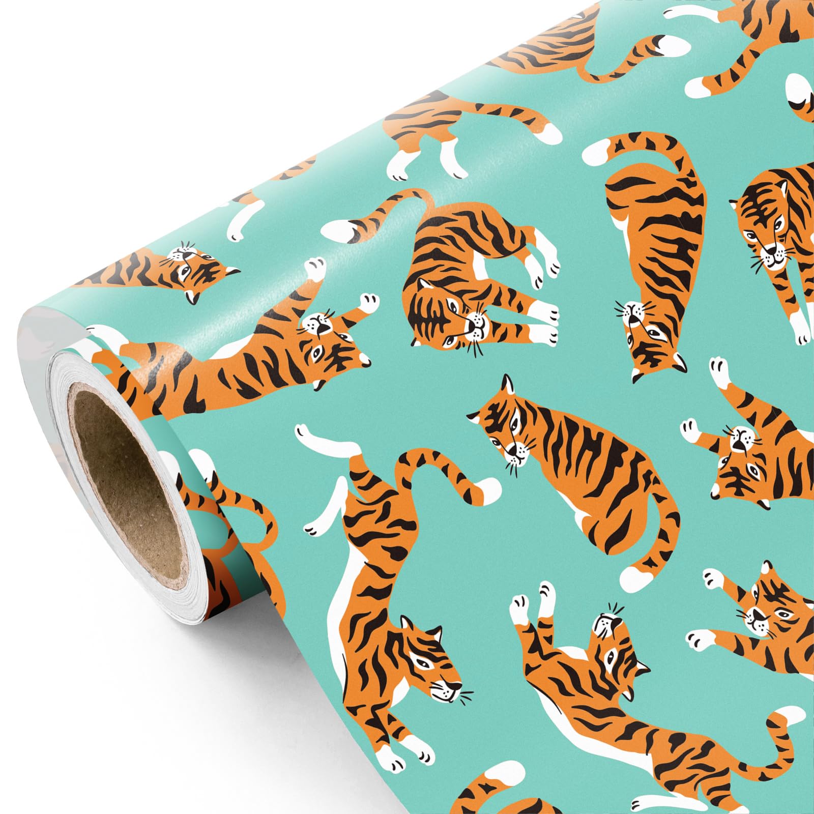 WRAPAHOLIC Tiger Wrapping Paper Roll - Mini Roll - 17 Inch x 16.5 Feet - Playful Tigers in Blue Wrapping Paper for Football Lover, Birthday, Baby Shower