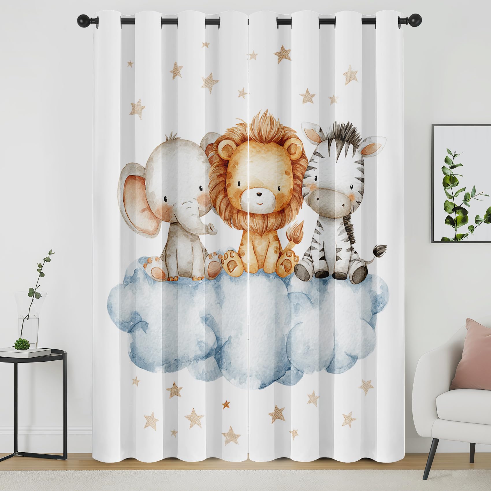 Générique Rideau Occultant Safari Animaux, Motif Lion Éléphant Zèbre, Rideaux Thermiques à Oeillets pour Chambre Salon, Enfants Garçons Filles Lot de 2 Décoration de Fenêtre 140x200 (LxH), &240oT