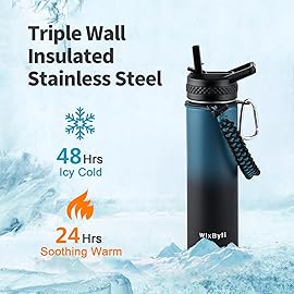 WixByti 20 oz Insulated Water Bottle with Straw (Cold for 48 Hrs), Stainless Steel Triple Wall Vacuum Sports Water Jug, Leakproof Hydro Cup Flask with Paracord Handle & Straw Spout Lids & DIY Stickers