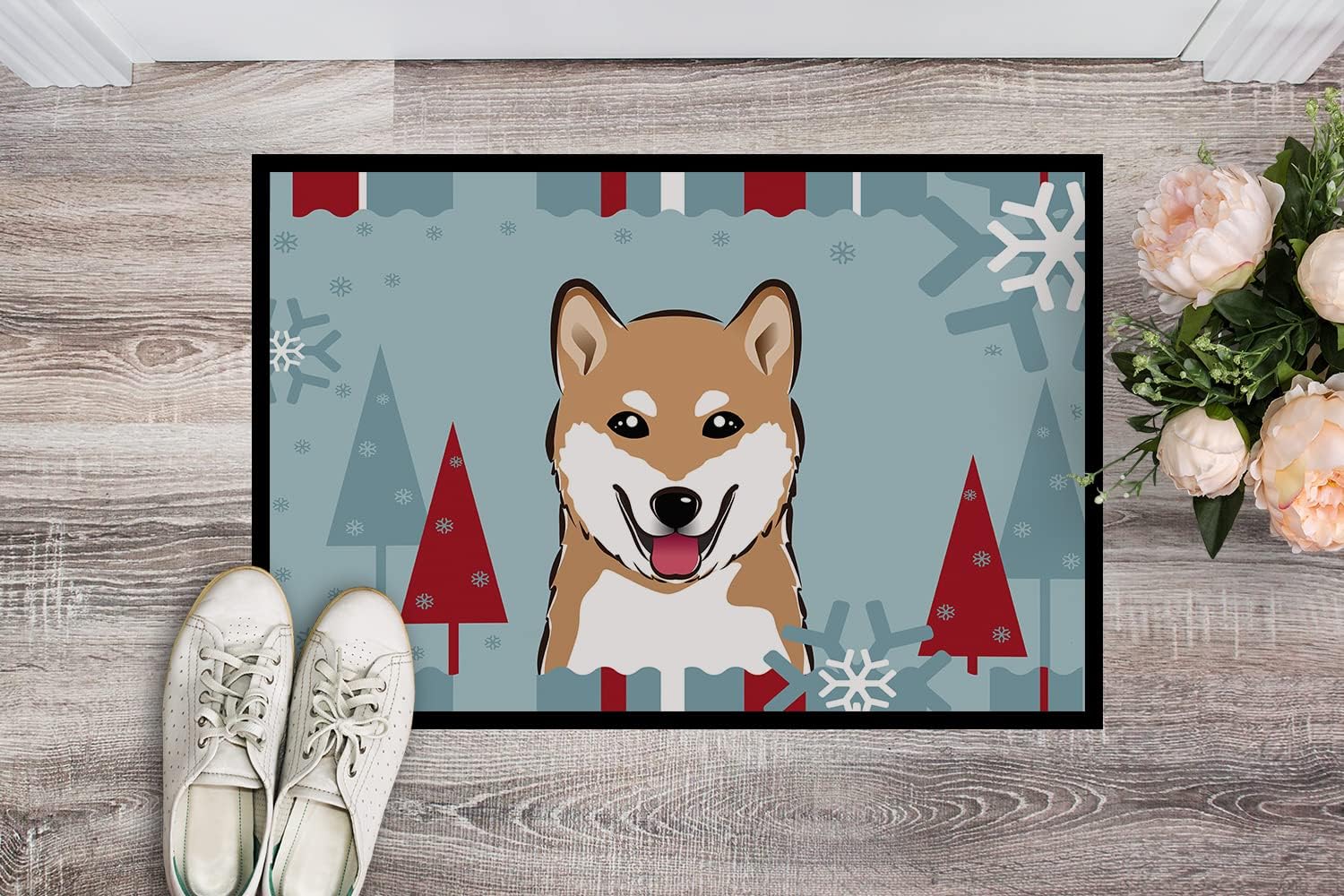 Caroline's Treasures BB1721JMAT Winter Holiday Shiba Inu Doormat 24x36 Front Door Mat Indoor Outdoor Rugs for Entryway, Non Slip Washable Low Pile, 24H X 36W