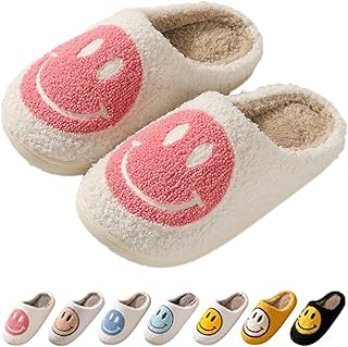 Smile Face Slippers for Women,Retro Soft Plush House Slippers Cushion Slippers Comfy Warm Home Preppy Happy Slippers Non-Slip Fuzzy Fluffy Slippers for Indoor Outdoor Men,Pink 9-10