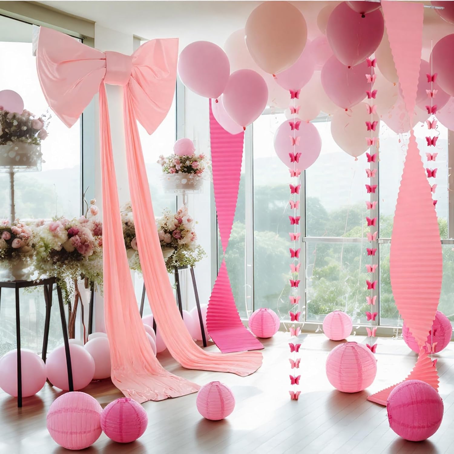 Havawish 14 Pcs 31.5 x 157.5 Inch Pink Large Bows with Corrugated Wavy Paper, Butterfly Pendant, Round Paper Lanterns Set for Wedding Birthday Engagement Baby Shower Bridal Room Wall Door Decoration