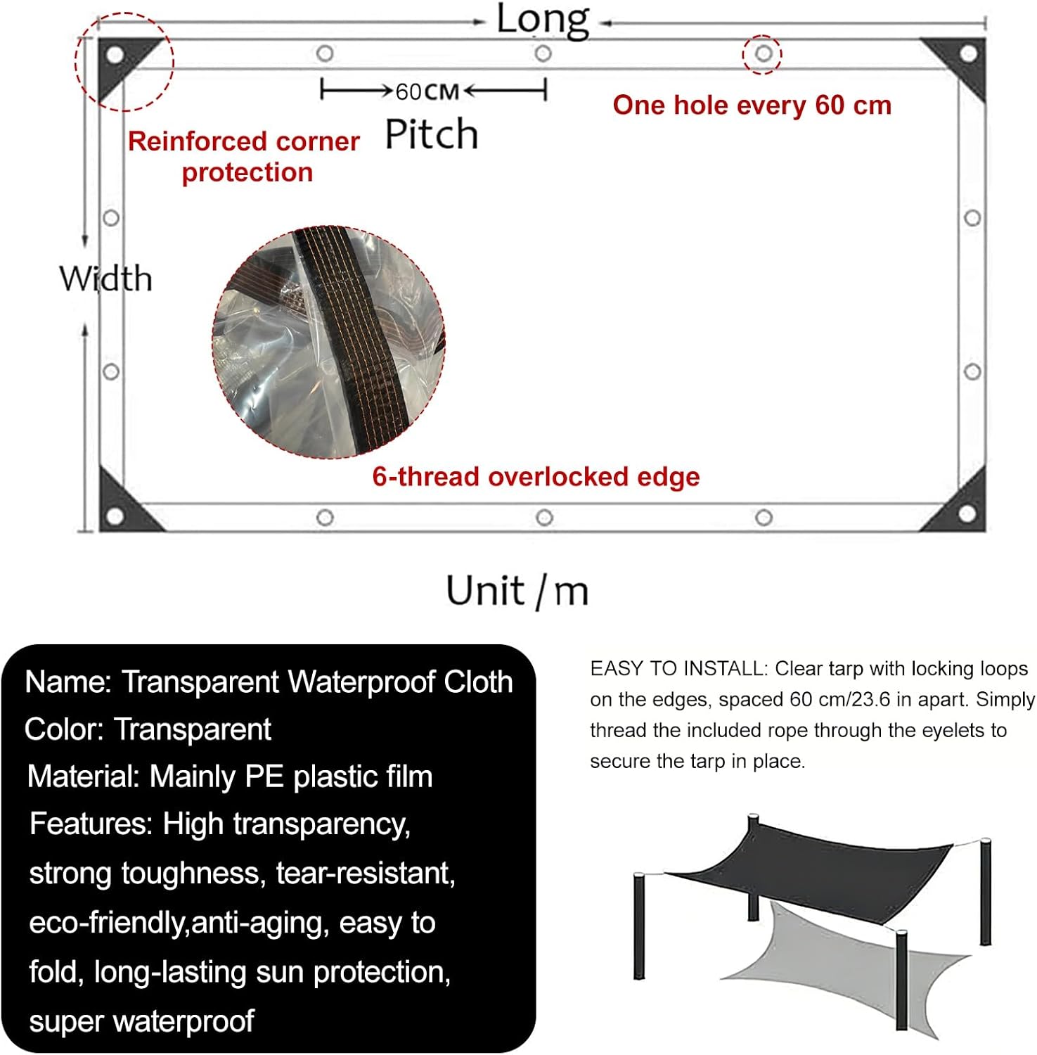 Clear Waterproof Tarps(Increase Grommets+Windproof Rope) Poly Tarpaulin Outdoor Garden Rainproof Covering, for Patio, Porch and Outdoor, Greenhouse Balcony Garden(4x4m/13.1x13.1ft)