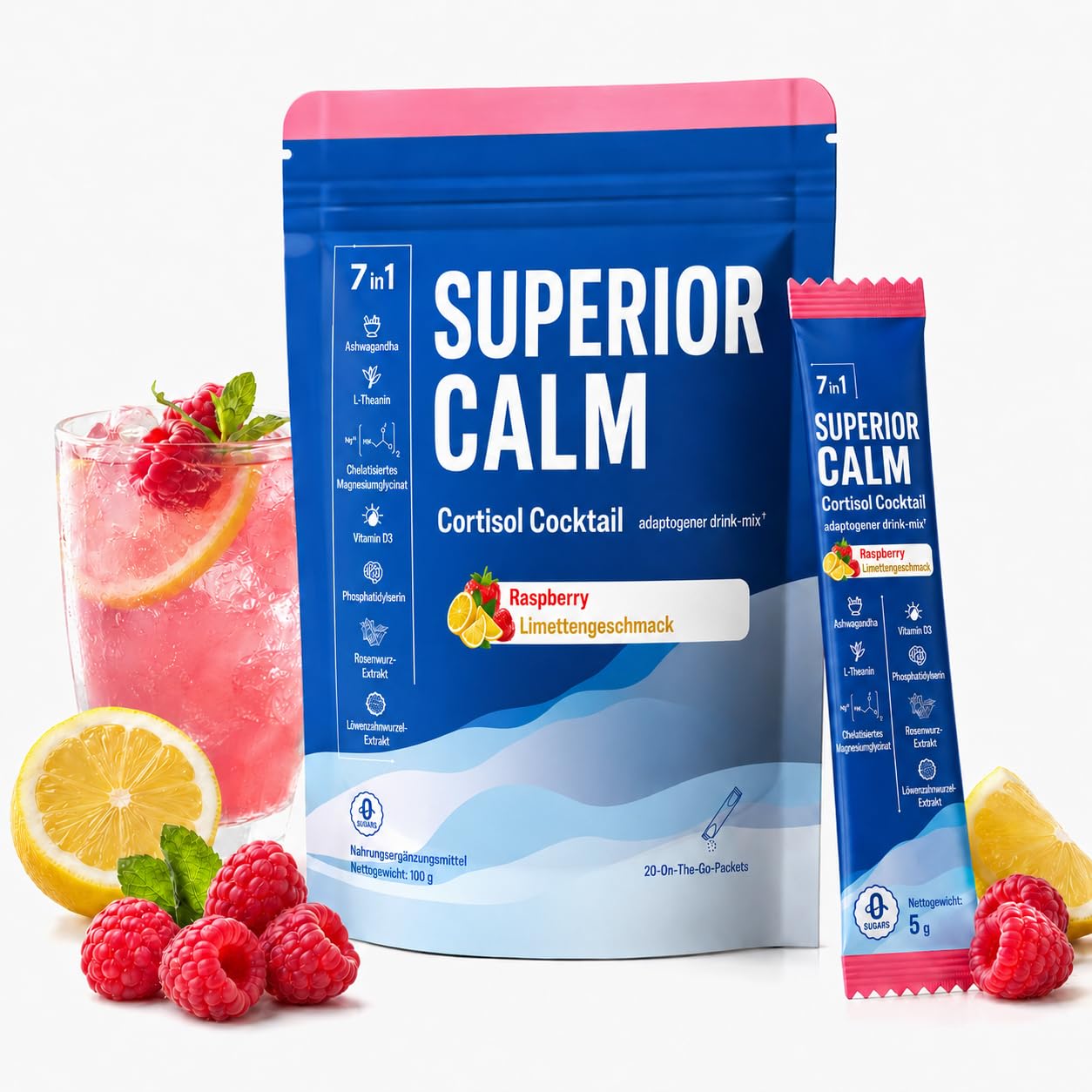 Jello Cortisol Cocktail Pulver – Adaptogen Cortisol Pulver zum Abnehmen, mit L-Theanin, Ashwagandha, Magnesiumglycinat & Vitamin D3