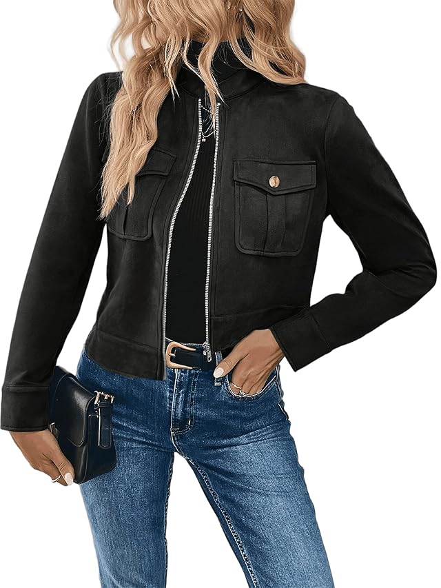 Womens Suede Jackets Business Casual Zip Up Cropped Faux Leather Blazer Jacket Fall Coat 2025