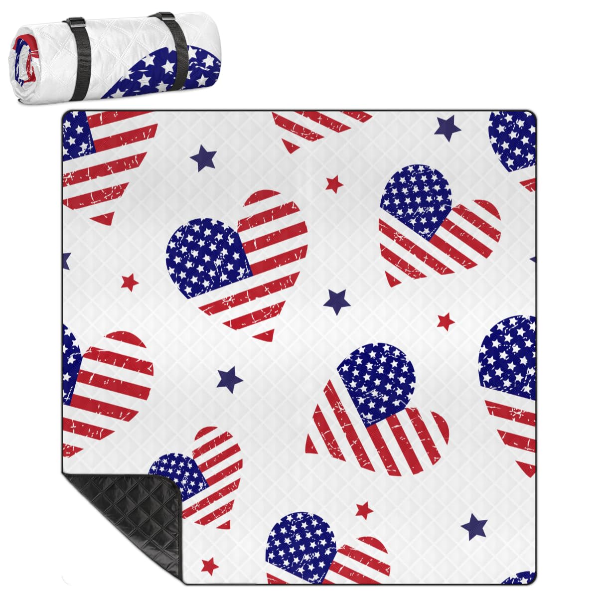 Shimoshe Extra Large Picnic Blankets 79”x 79”, Heart American Flag Waterproof Foldable Picnic Mat with Straps Portable Beach Blanket for Camping Park Grass Beach Indoor