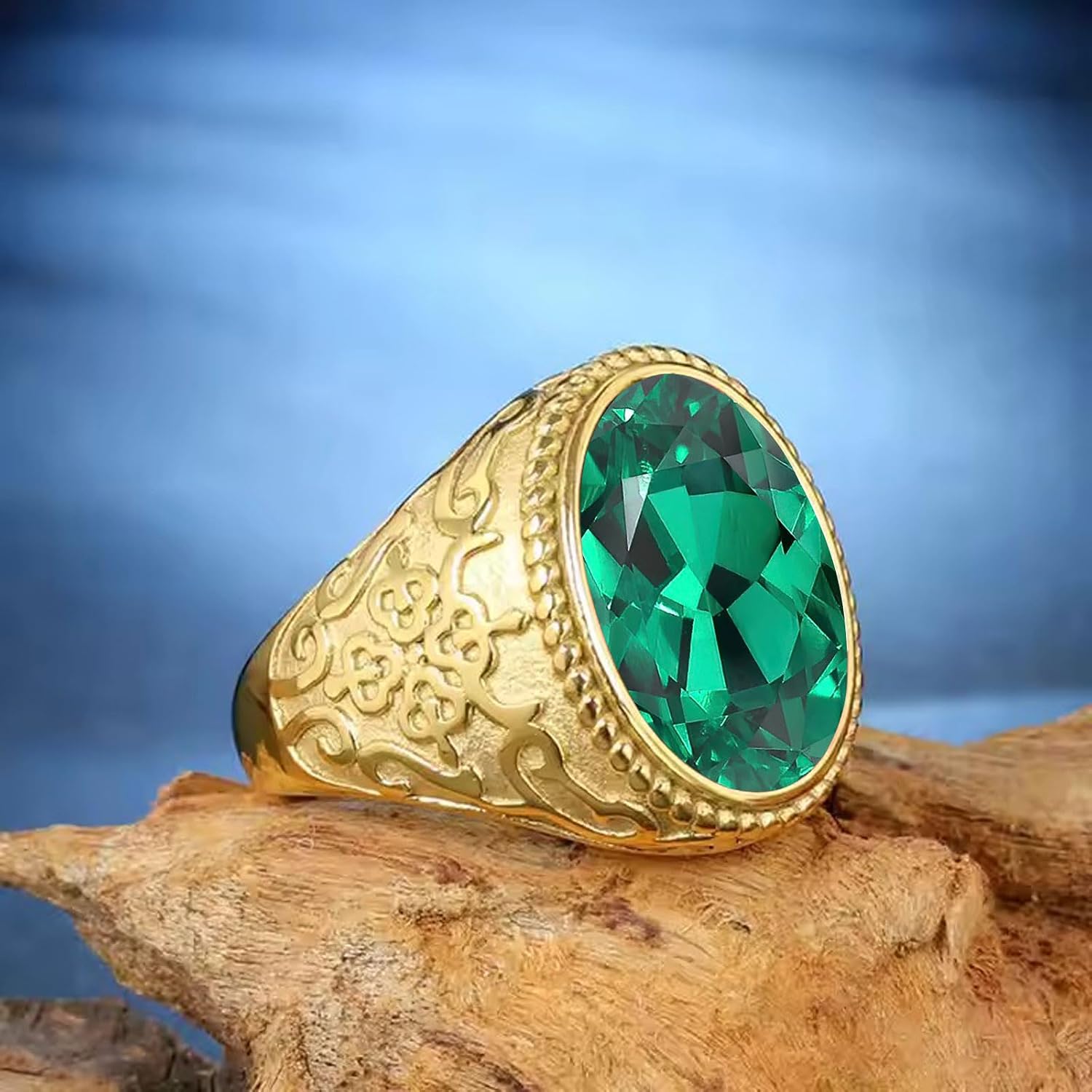 10K 14K 18K Gold Men's Vintage Gemstone Signet Ring Custom 4 Carat Retro Gemstone Pinky Ring for Men Size 4-15