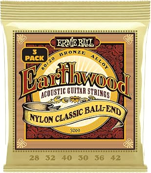 Ernie Ball Folk Nylon Clear & Gold Ball-End 80/20 Bronze Acoustic Guitar Strings 3-pack, 28-42 Gauge P03069