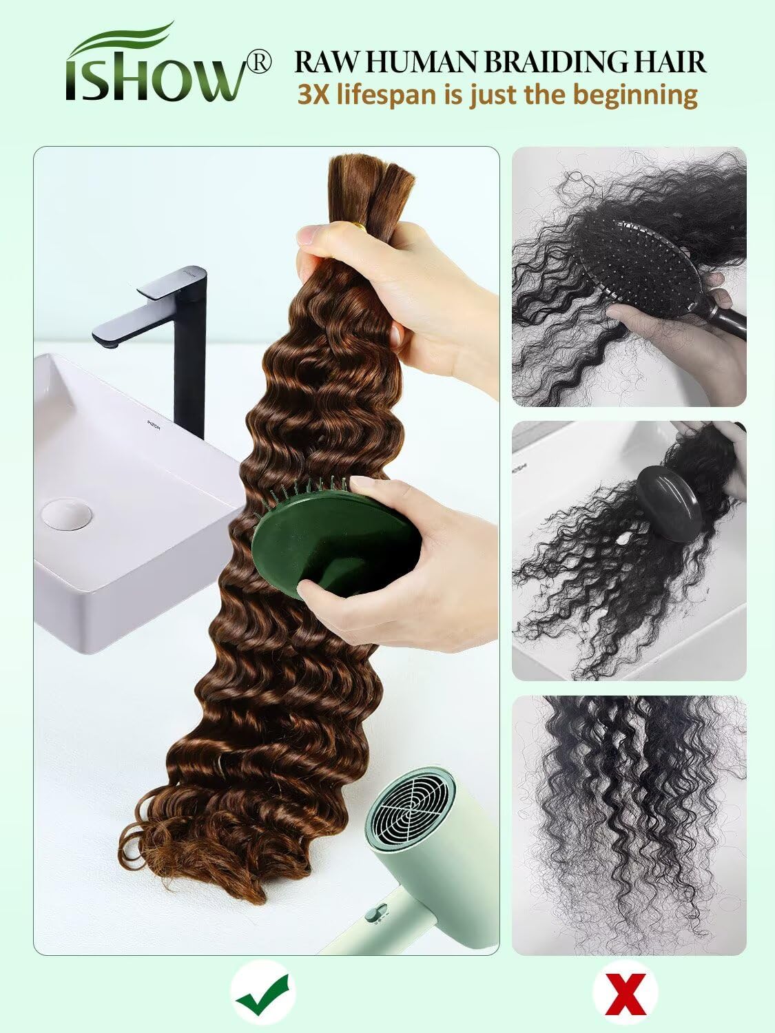 ISHOW Raw Human Braiding Hair, 100% Unprocessed Virgin Human Hair, 15A Deep Wave Boho Hair, 100g 14 Inch (2 Packs), NO.1 Premium Quality Boho Hair Producer, Long Lasting, Auburn Brown Color 30