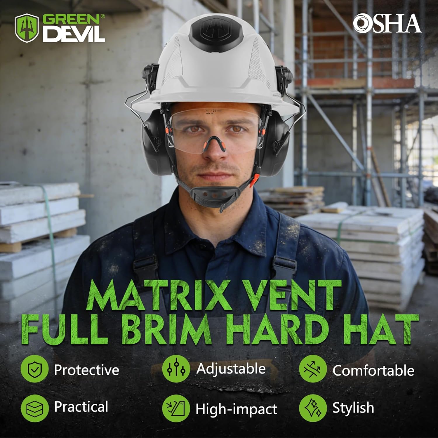 GREEN DEVIL Matrix Full Brim Hard Hat with Ear Muffs Vented Construction Safety Helmet OSHA Approved Cascos De Construccion Work Hardhat for Men&Women