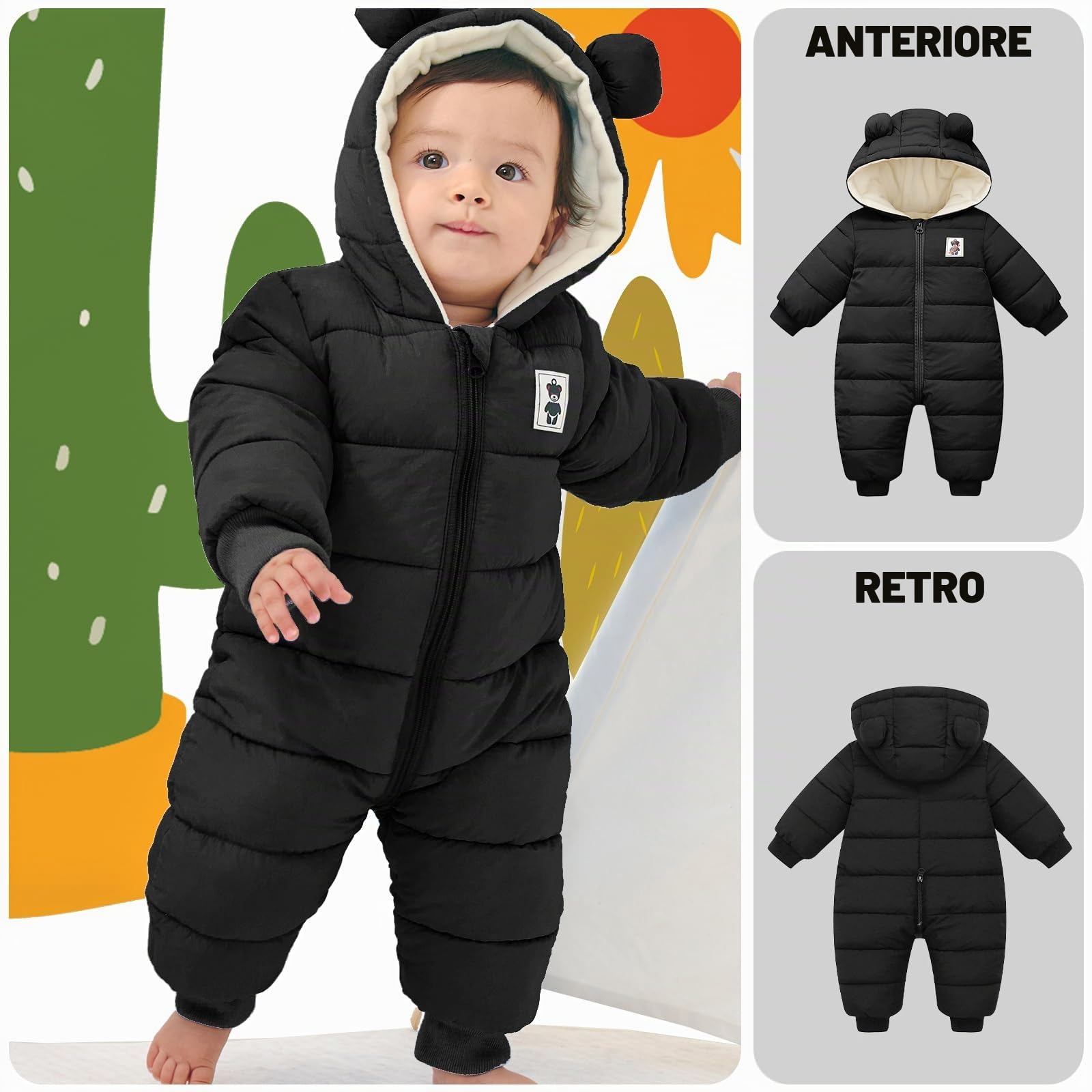Bambini Pagliaccetto con Cappuccio Invernale, Neonato Snowsuit Ragazze Ragazzi Manica Lunga Fleece Outfits Outwear Vestiti Pigiama Regalo 6-9 mesi