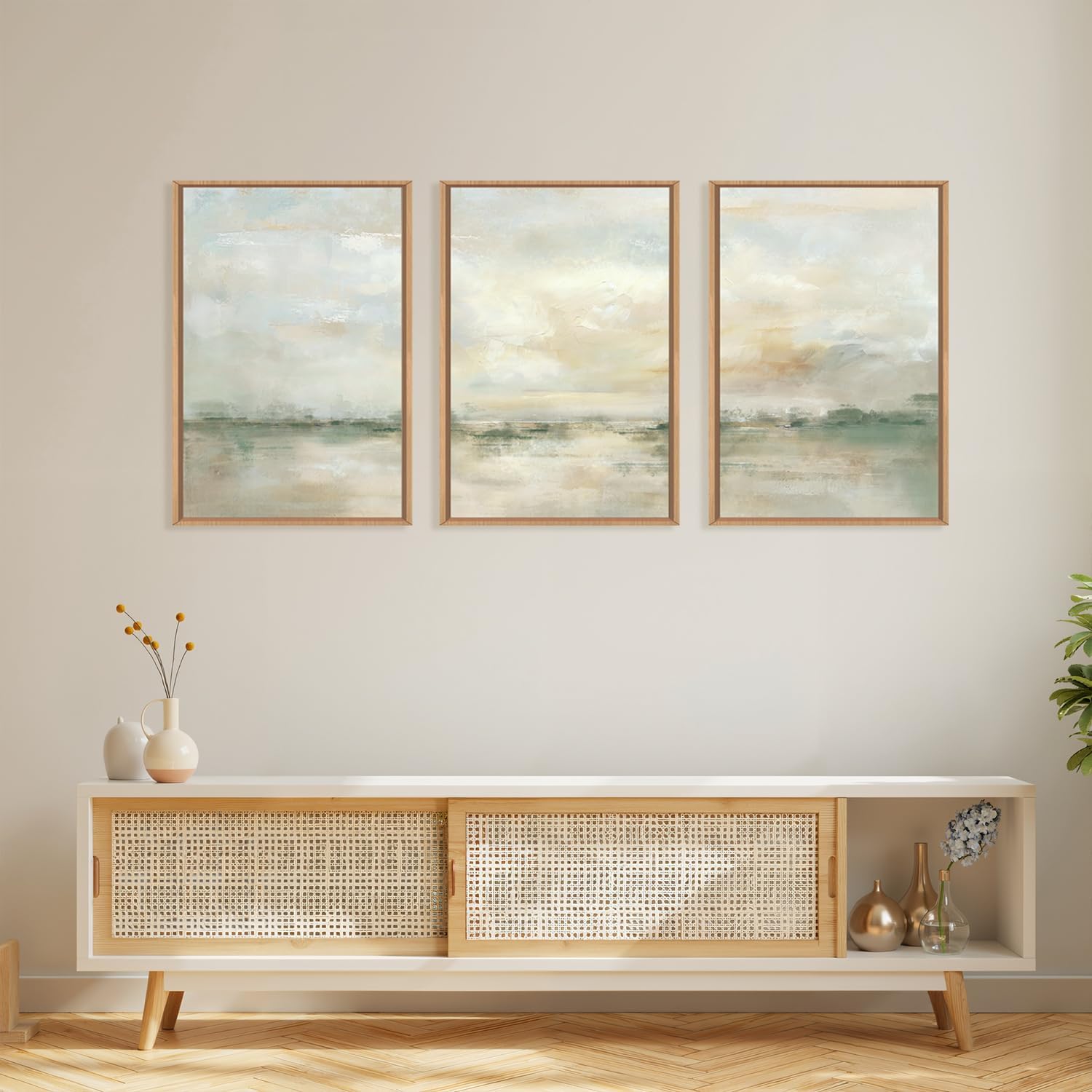 Ausril Large Abstract Green Gray Pastel Framed Canvas Wall Art,Neutral Landscape Wall Decor,Modern Watercolor Lake Artwork,Beige Textured Illustrations Art for Living Room,Bedroom,Office- 16"x24"x3 — view 5