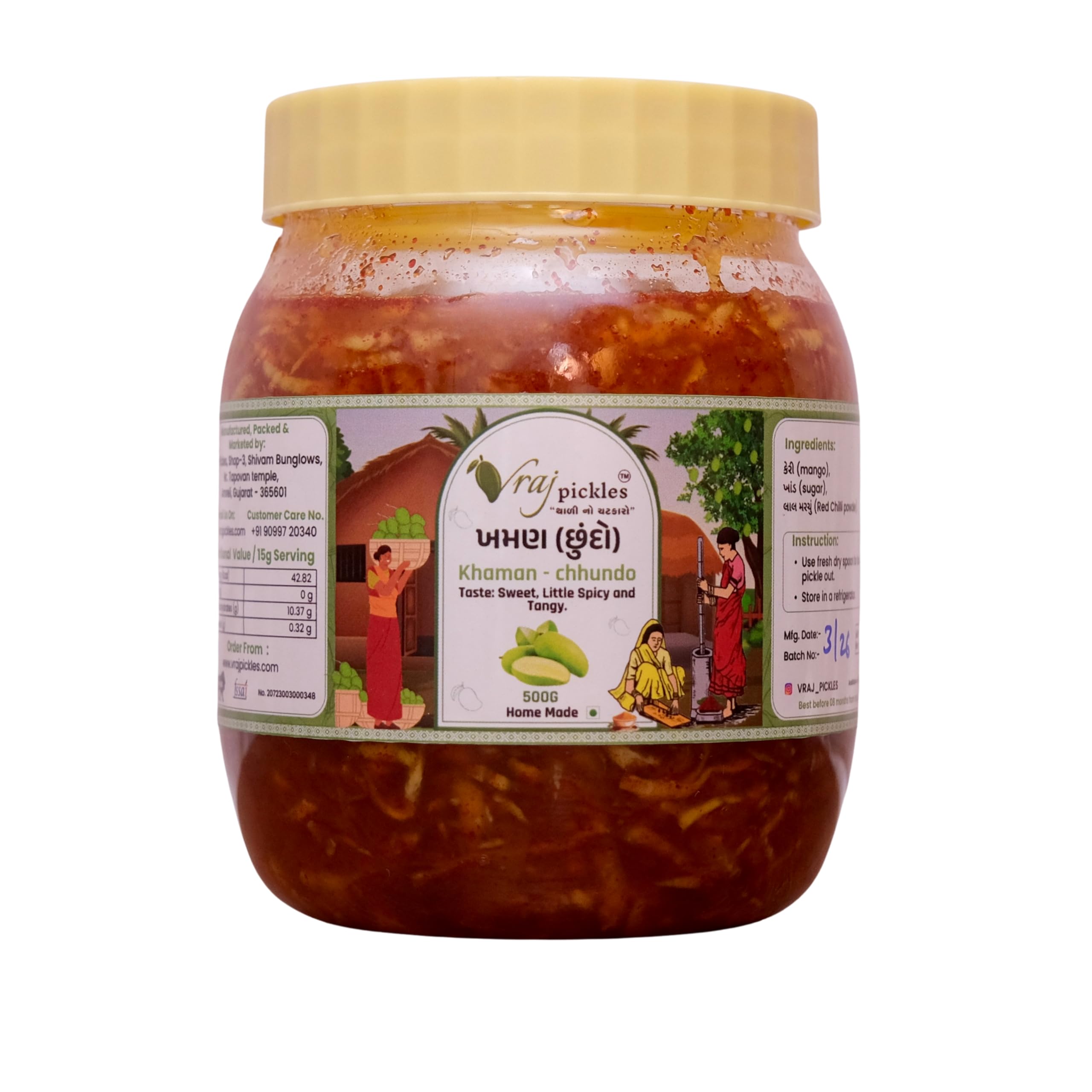 Vraj Pickles Khaman/Chhundo | Authentic Gujarati Sweet & Spicy Mango Pickle | Homemade Traditional Recipe | No Preservatives | Made with Rajapuri Mangoes – 500g-image-23