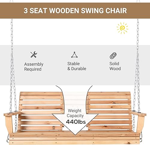 Miniatura 3 de Outsunny Columpio de madera para porche de 3 plazas banco de columpio para patio con mesa de centro plegable portavasos y cadenas incluidas
