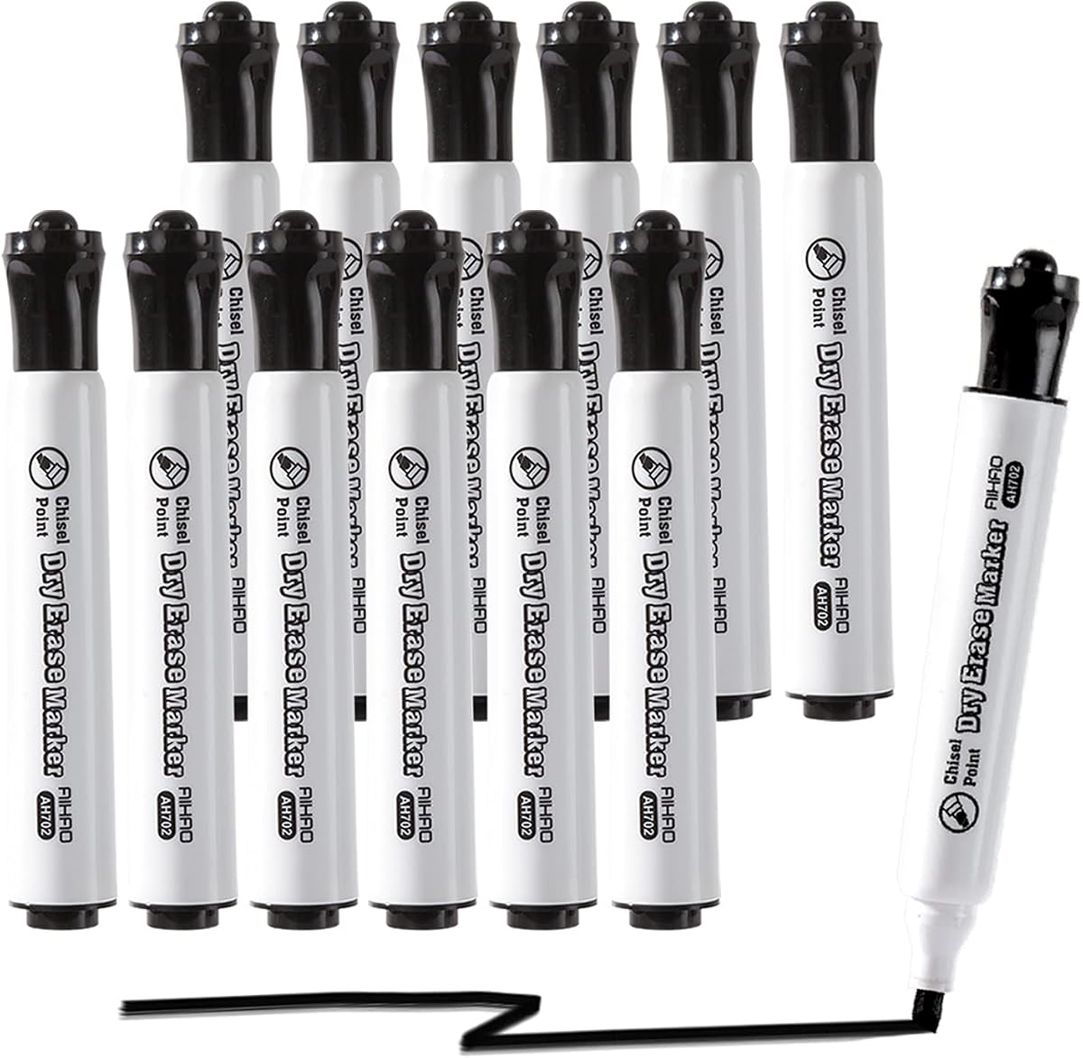 AIHAO Black Dry Erase Markers, Chisel Tip Marker, Low Odor, Pack of 12, Large Ink Supply, Use on Whiteboards, Glass and Non-porous Surfaces; Ideal for School, Offices and Homes