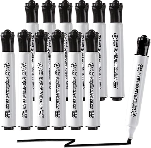 AIHAO Marcadores negros de borrado en seco marcador de punta de cincel bajo olor paquete de 12 suministro de tinta grande para uso en pizarras