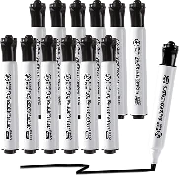 AIHAO Black Dry Erase Markers, Chisel Tip Marker, Low Odor, Pack of 12, Large Ink Supply, Use on Whiteboards, Glass and Non-porous Surfaces; Ideal for School, Offices and Homes