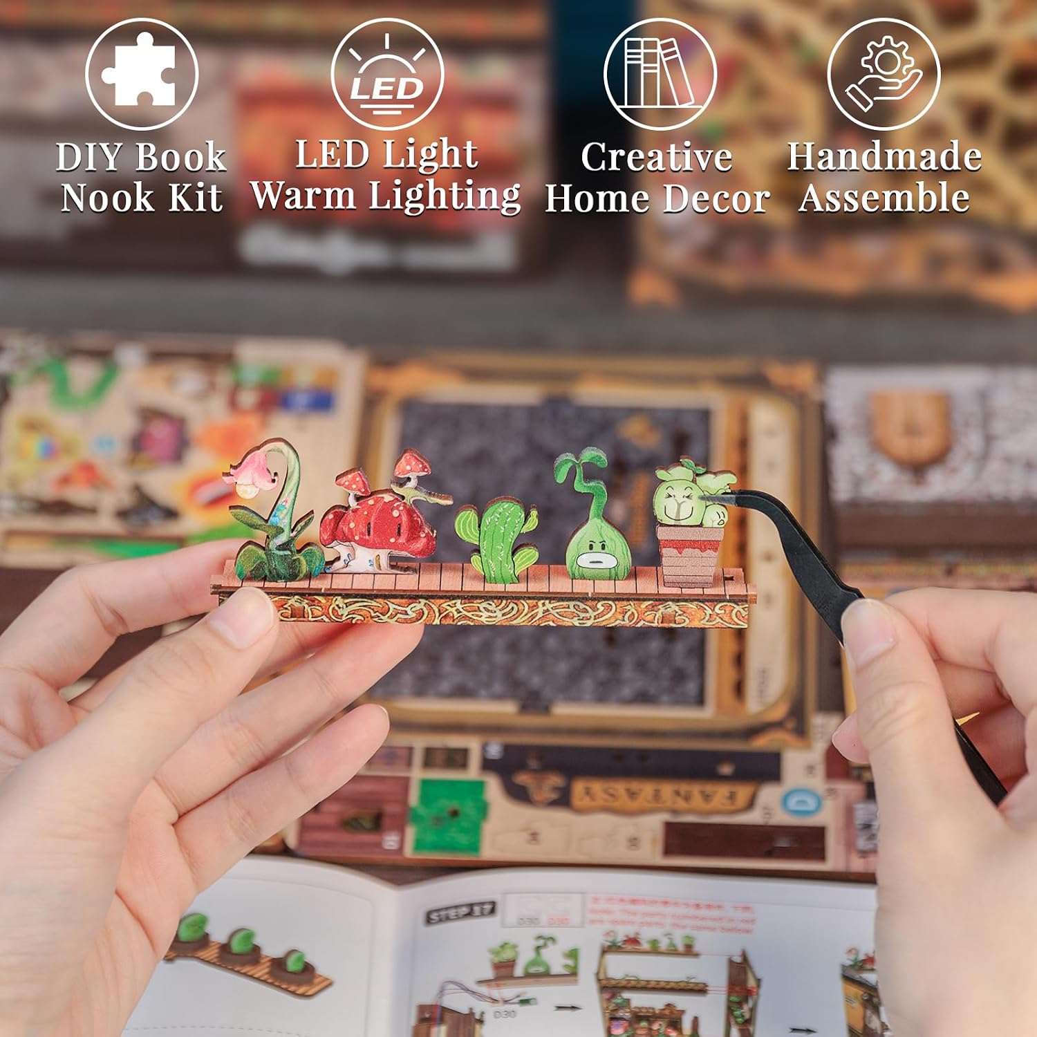 Cutefun Book Nook Kit деревянный домик для кукол миниатюрный домик для кукол уголок для книг библиотека наборы для сборки с LED-лампочками книжная полка декорации Fantasy Plant Shop