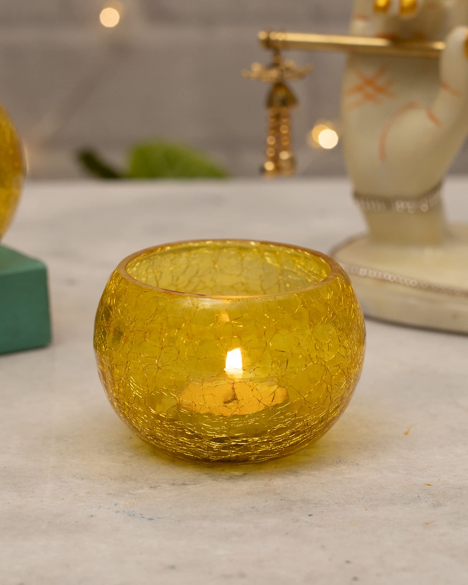 Homesake® Moroccan Yellow Glass Crackle Mosaic Candle Holder, Tea Light Holder Votive, (Set of 2, Yellow)