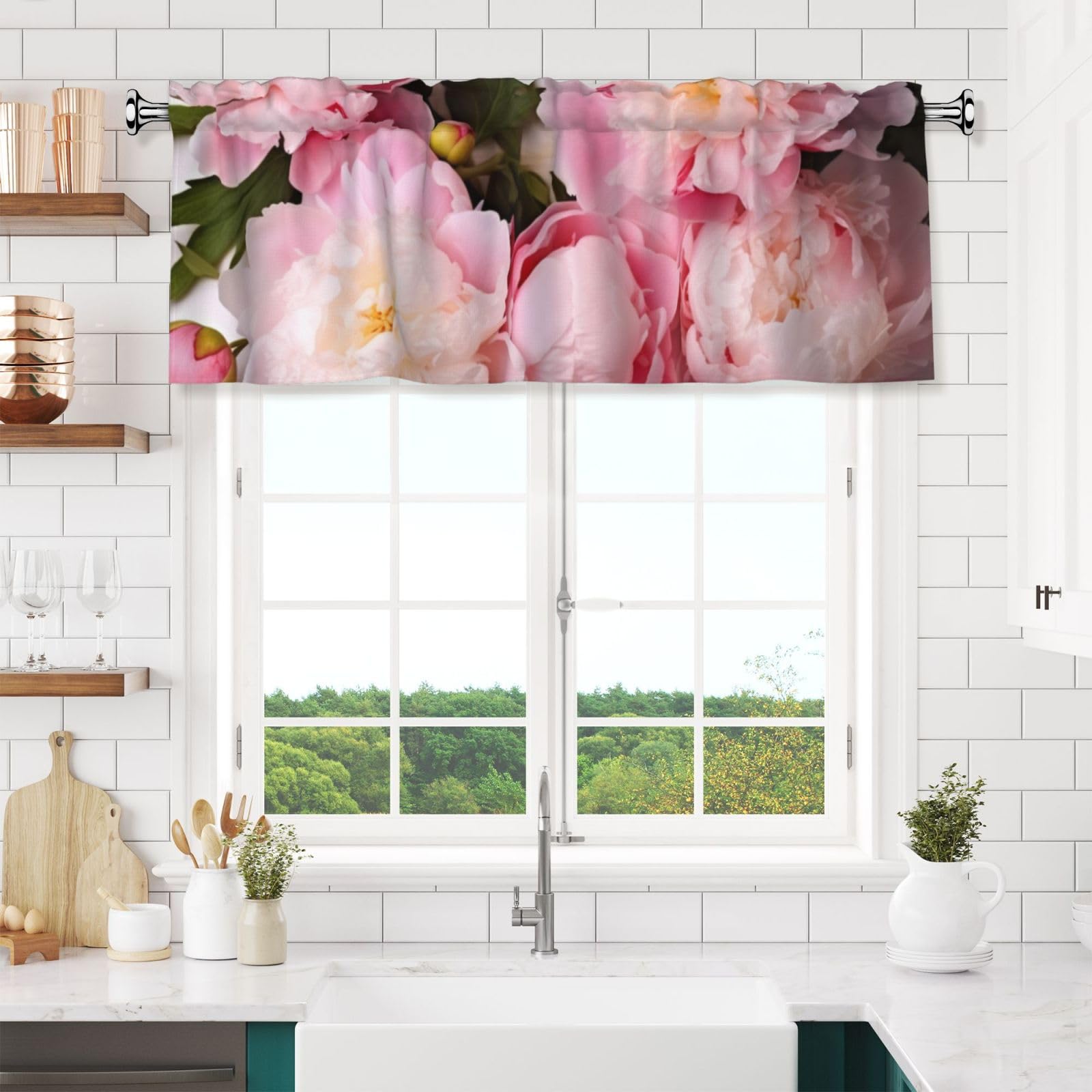 Anceky Valances Curtain for Kitchen Beautiful Peonies Window Valance Bedroom Curtain Topper Valance Spring Window Valance Curtains Rod Pocket 54x18 Inch