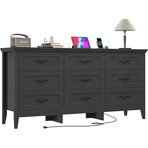 Farmhouse 9 Drawers Dresser, 63" Wood Dresser for Bedroom Wide Chest of Drawers, French Country Storage Double Dressers Organizer for Bedroom, Living Room, Nursery(Black)
