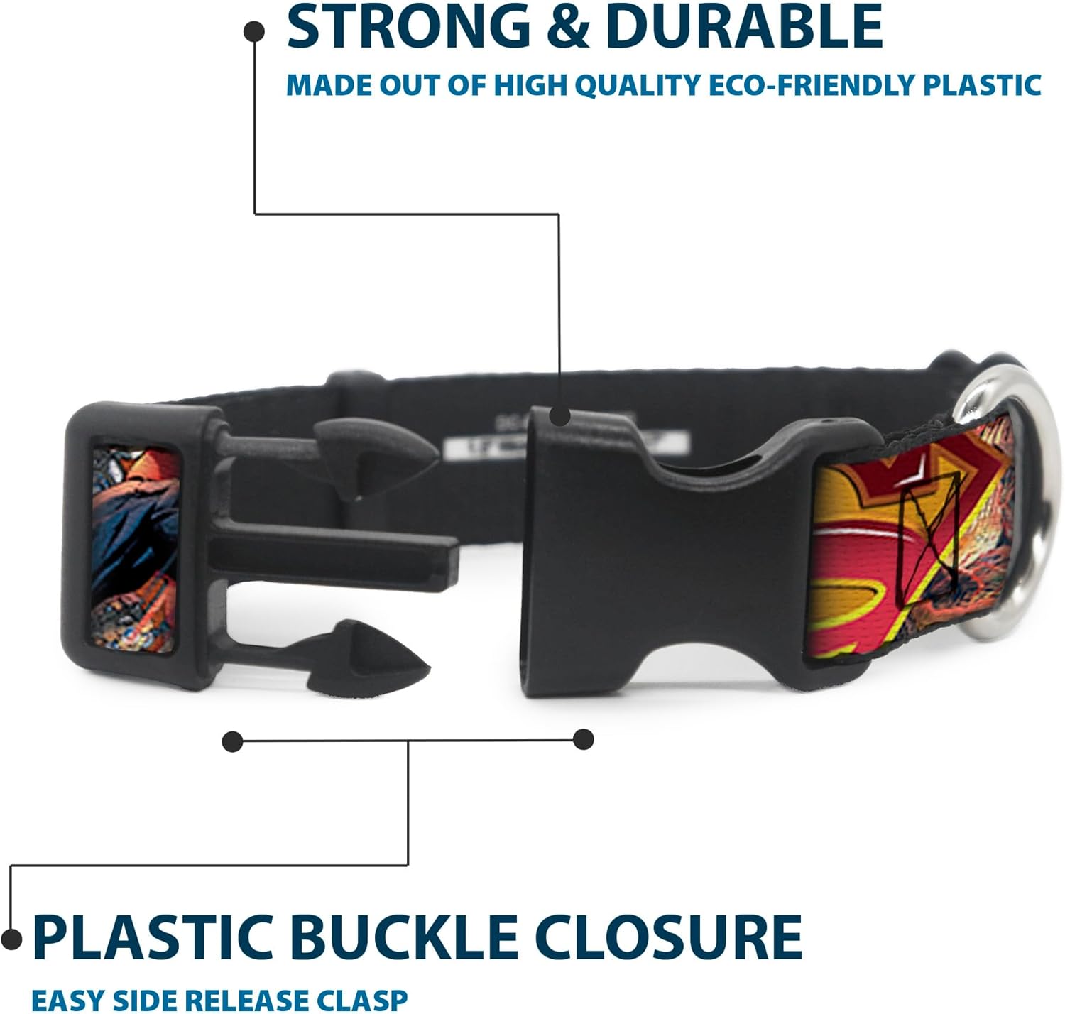 Buckle-Down Plastic Clip Collar - Superman Unchained Explosion Action Pose/Wraith/Shield Golds/Reds - 1.5" Wide - Fits 18-32" Neck - Large